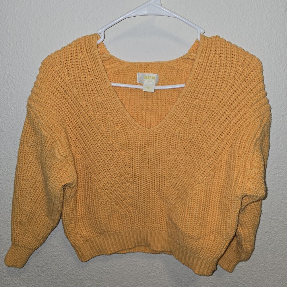 Anthro Maeve XS Mustard Chunky Knit Cropped V Neck Sweater Balloon Sleeve